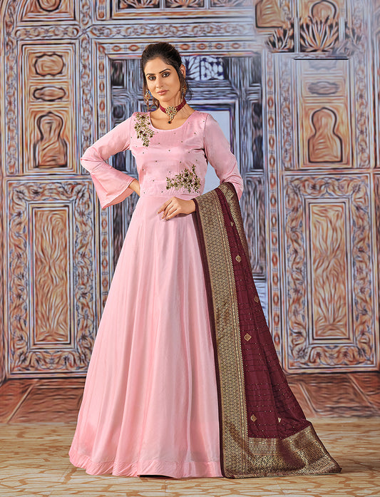 Light Pink Art Silk Embroidered Readymade Anarkali Suit