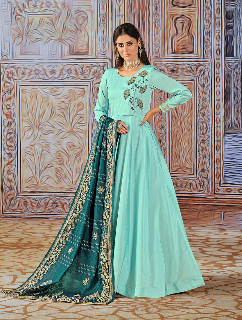 Turquoise Art Silk Embroidered Readymade Anarkali Suit