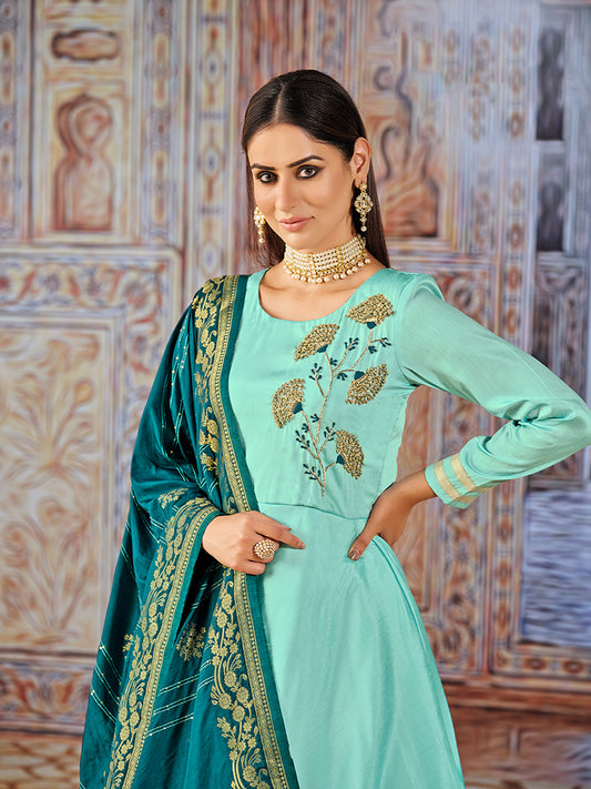 Turquoise Art Silk Embroidered Readymade Anarkali Suit