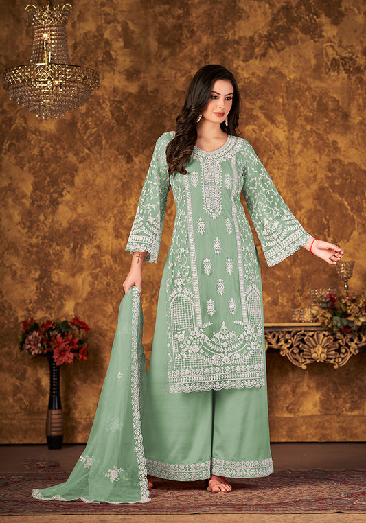 Sea Green Net Embroidered Stunning Palazzo Suit