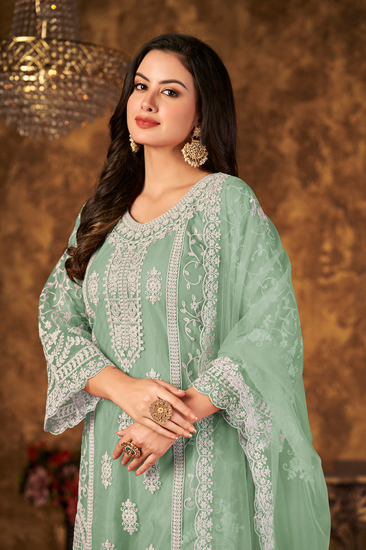 Sea Green Net Embroidered Stunning Palazzo Suit