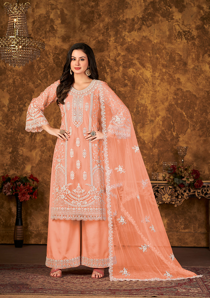 Peach Net Embroidered Stunning Palazzo Suit