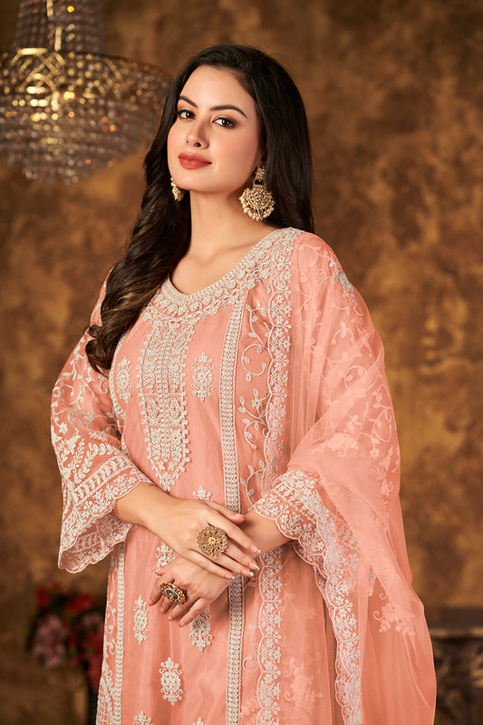 Peach Net Embroidered Stunning Palazzo Suit