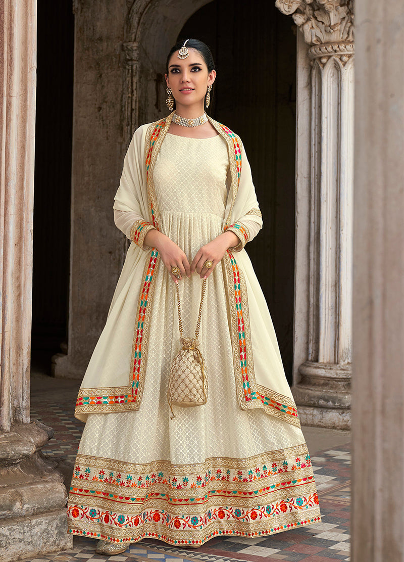Off White Georgette Embroidered Floor Length Party Wear Anarkali suit