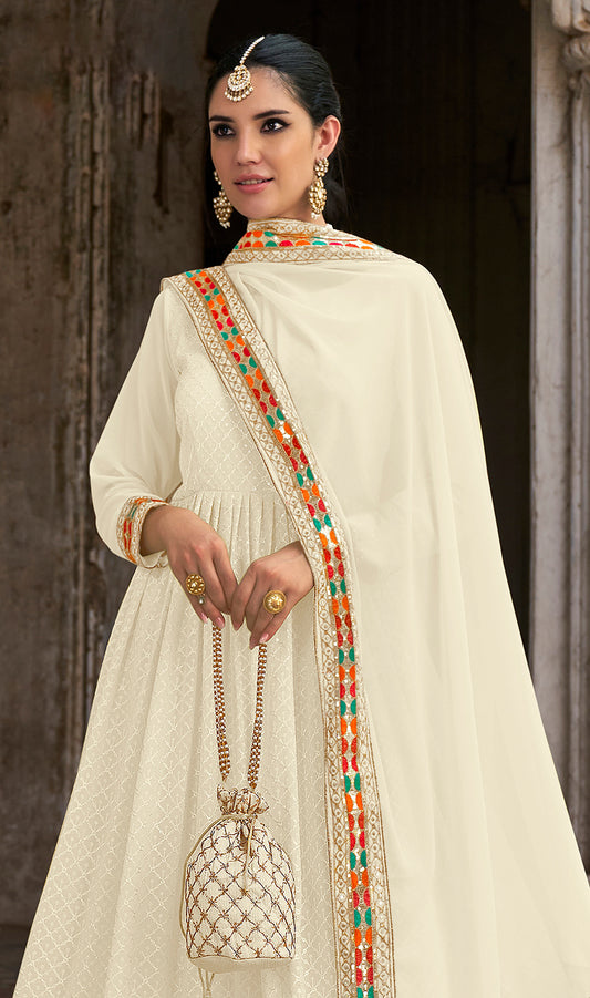 Off White Georgette Embroidered Floor Length Party Wear Anarkali suit