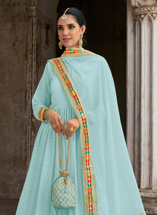 Sky blue Georgette Embroidered Floor Length Party Wear Anarkali suit