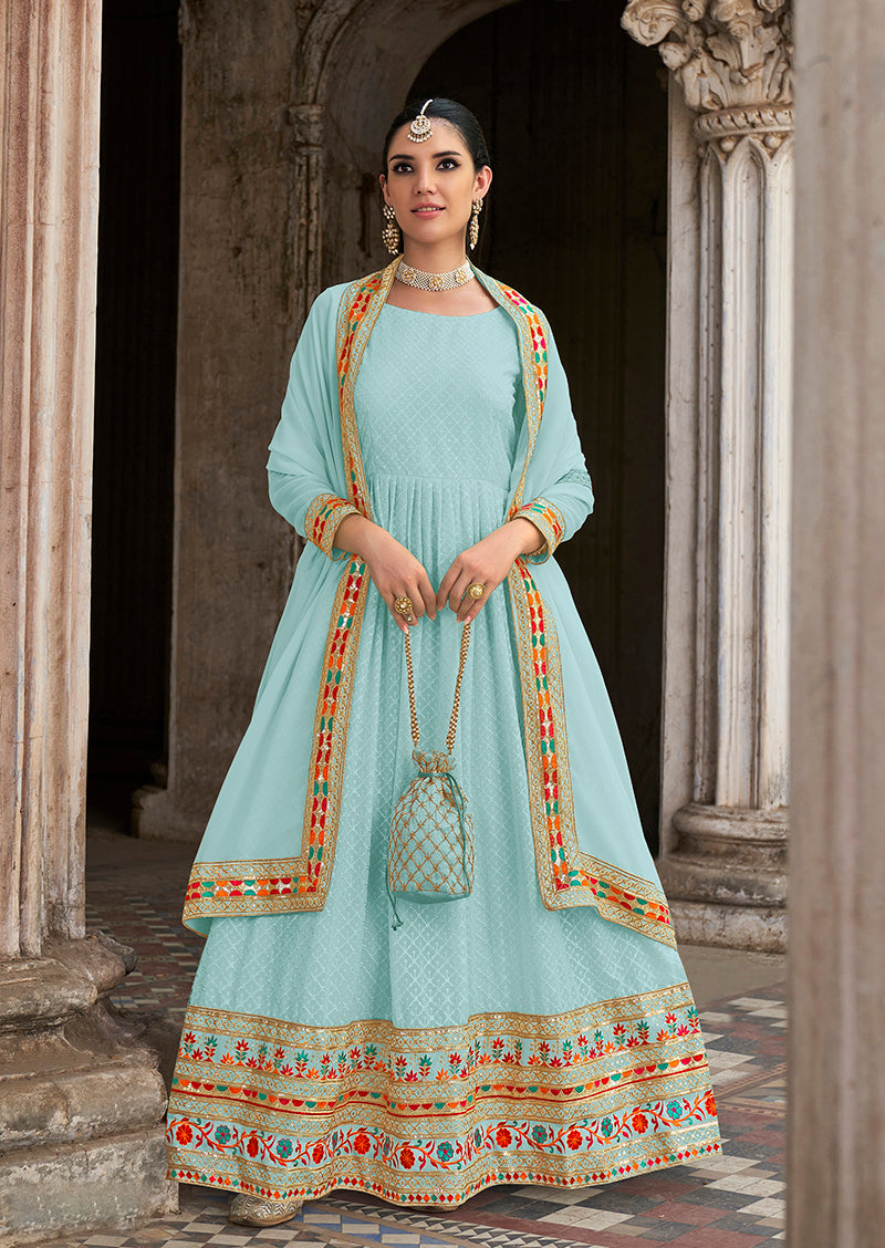 Sky blue Georgette Embroidered Floor Length Party Wear Anarkali suit