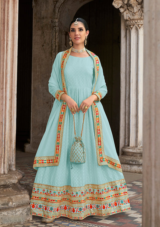 Sky blue Georgette Embroidered Floor Length Party Wear Anarkali suit
