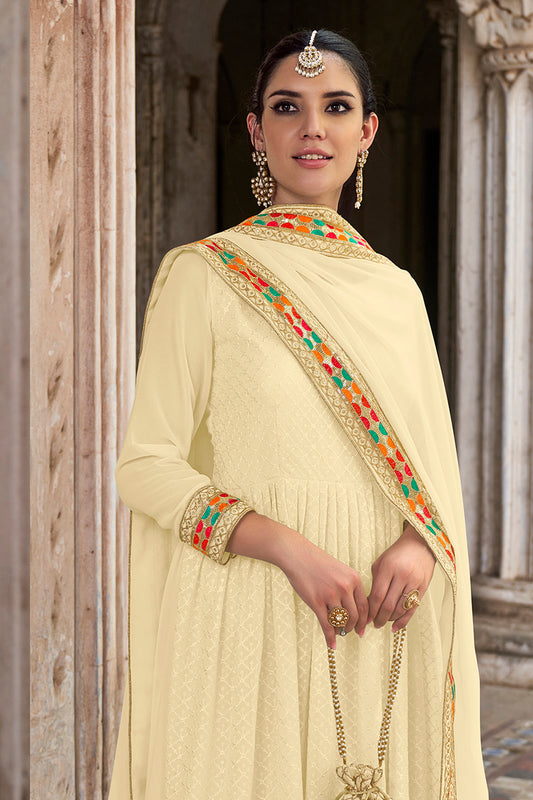 Cream Georgette Embroidered Floor Length Party Wear Anarkali suit