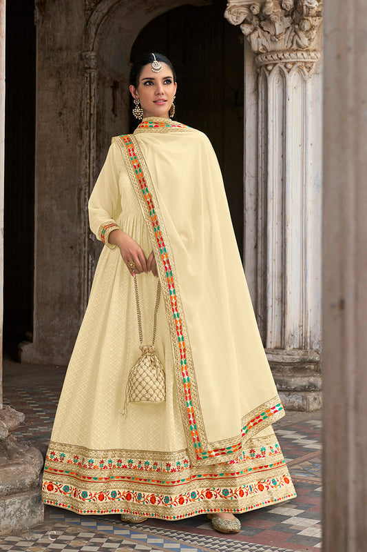 Cream Georgette Embroidered Floor Length Party Wear Anarkali suit
