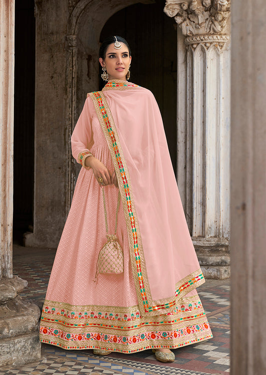 Light Pink Georgette Embroidered Floor Length Party Wear Anarkali suit