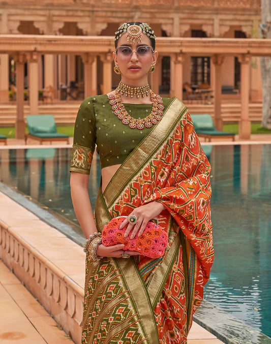 Dark Peach Patola Silk Printed Saree With Blouse