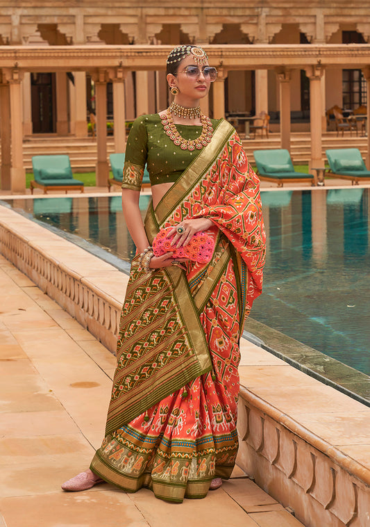 Dark Peach Patola Silk Printed Saree With Blouse