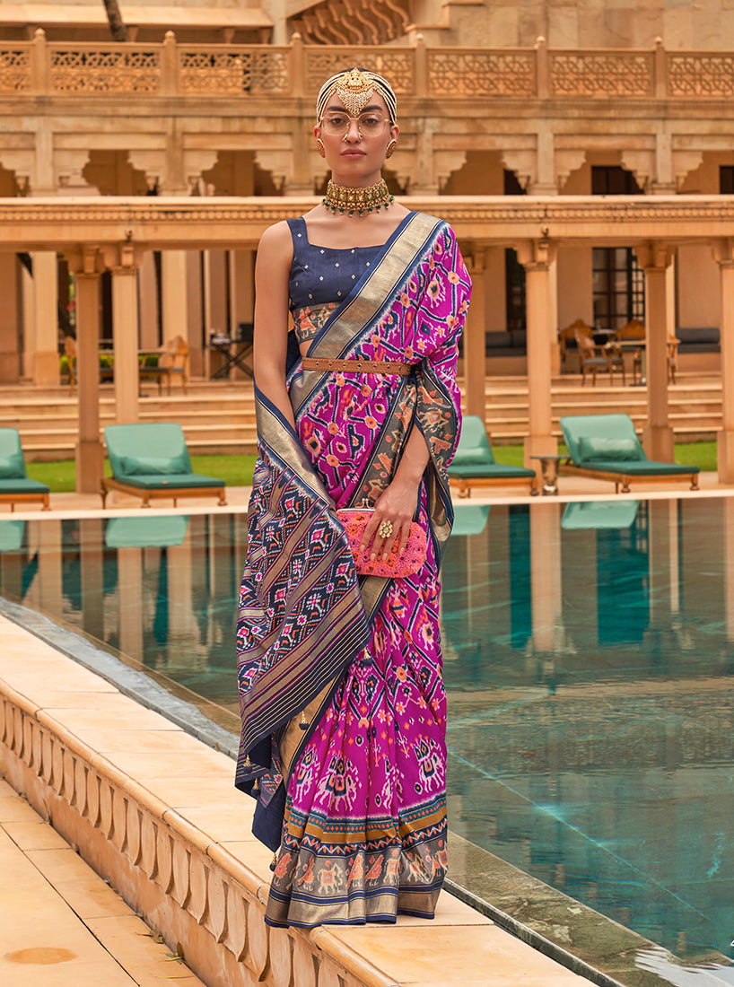 Magenta Patola Silk Printed Saree With Blouse