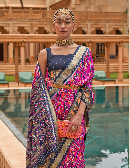 Magenta Patola Silk Printed Saree With Blouse