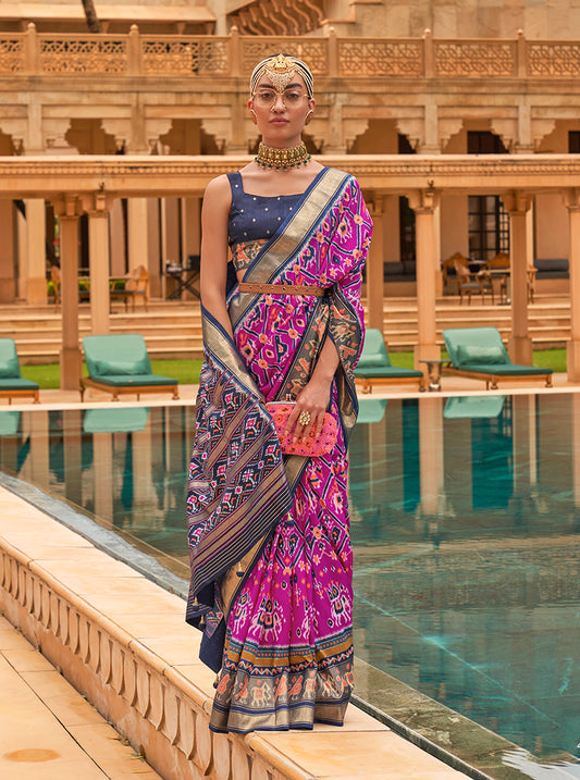 Magenta Patola Silk Printed Saree With Blouse