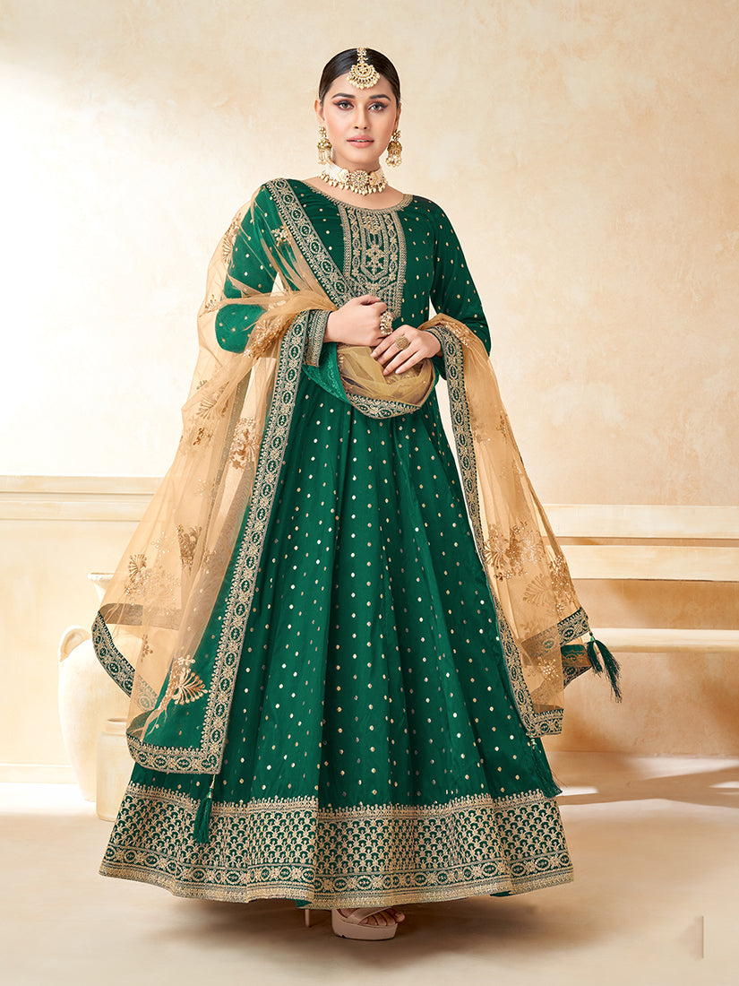 Dark Green Taffeta Silk Embroidered Wedding Wear Anarkali Suit