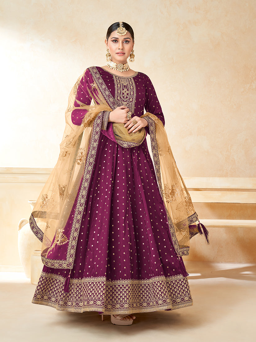 Purple Taffeta Silk Embroidered Wedding Wear Anarkali Suit