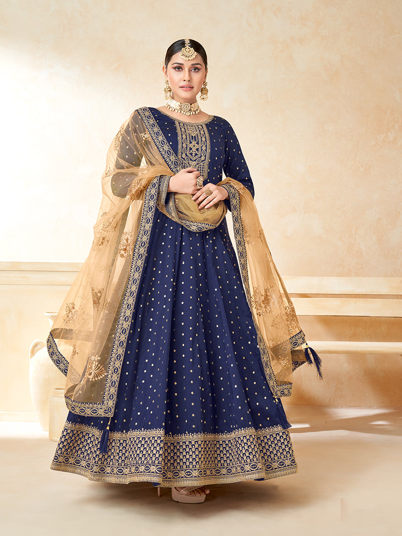 Navy blue Taffeta Silk Embroidered Wedding Wear Anarkali Suit