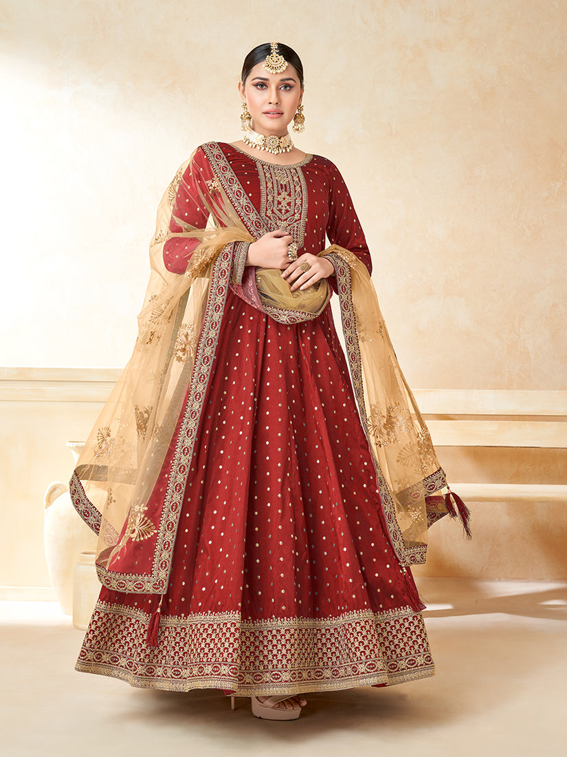 Red Taffeta Silk Embroidered Wedding Wear Anarkali Suit
