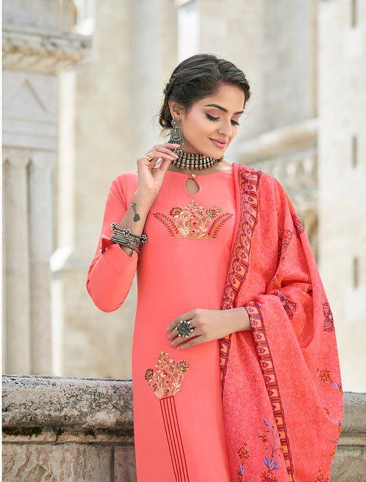 Peach Rayon Cotton Embroidered Trendy Salwar Suit