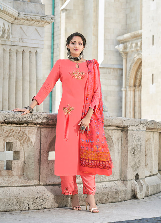 Peach Rayon Cotton Embroidered Trendy Salwar Suit