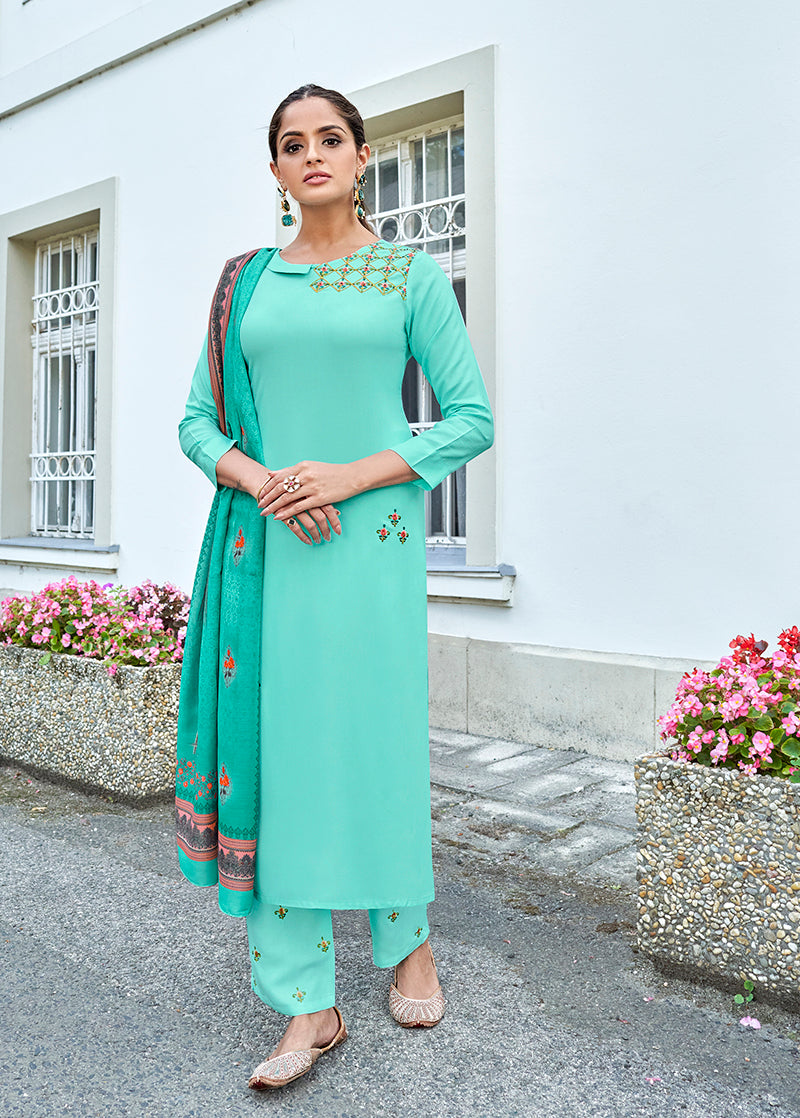 Sky blue Rayon Cotton Embroidered Trendy Salwar Suit