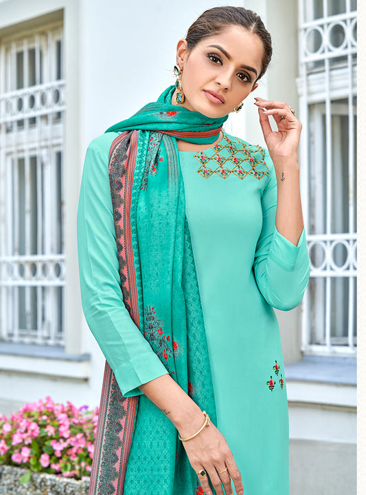 Sky blue Rayon Cotton Embroidered Trendy Salwar Suit