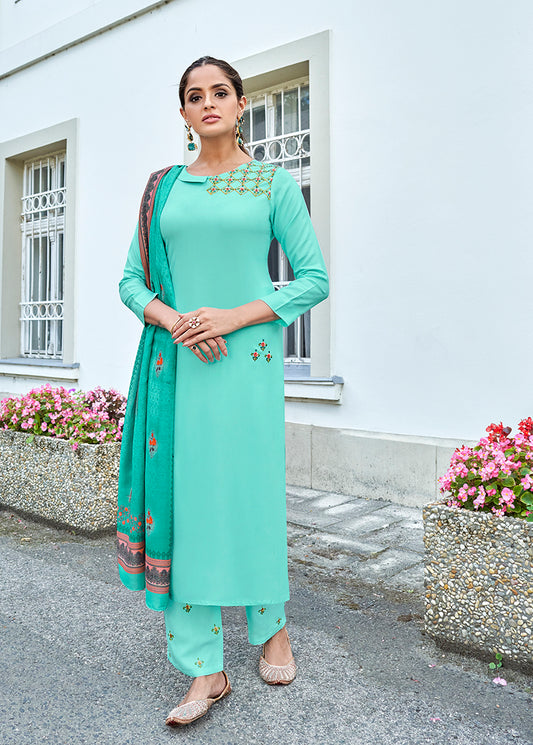 Sky blue Rayon Cotton Embroidered Trendy Salwar Suit