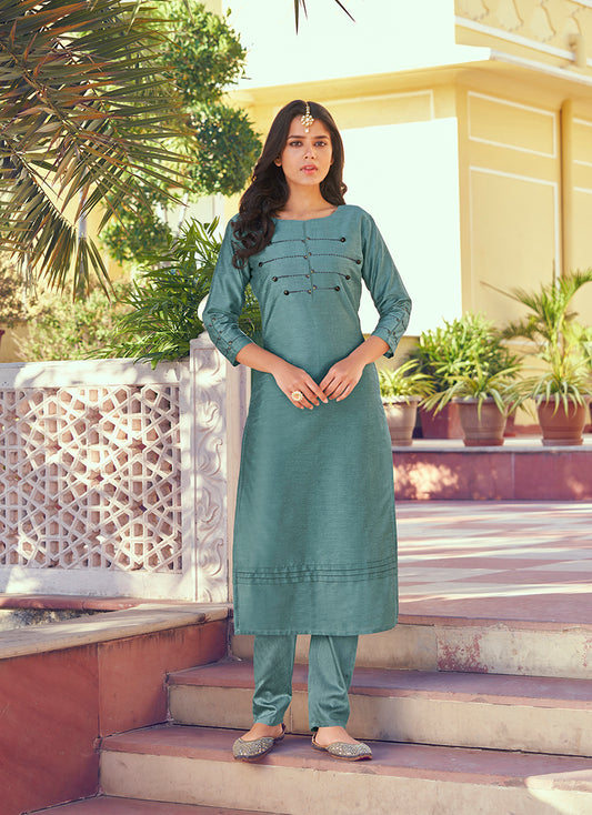 Slate Grey Embroidered Roman Silk Casual Kurti Pant
