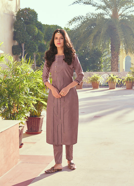 Mauve Embroidered Roman Silk Casual Kurti Pant