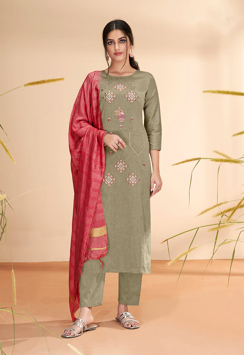 Olive  Massert Cotton Embroidered Festival Wear Salwar Suit