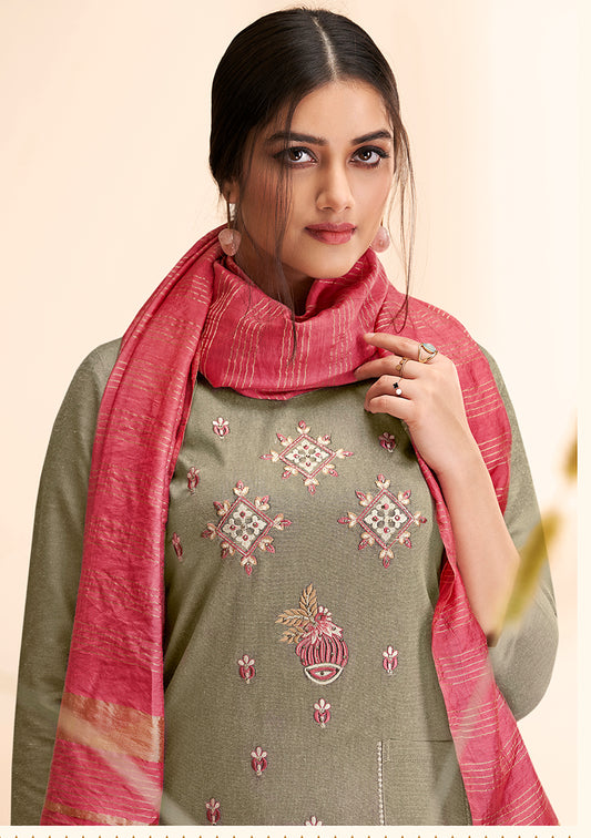 Olive  Massert Cotton Embroidered Festival Wear Salwar Suit
