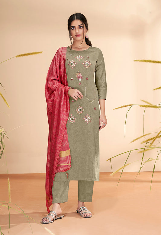 Olive  Massert Cotton Embroidered Festival Wear Salwar Suit