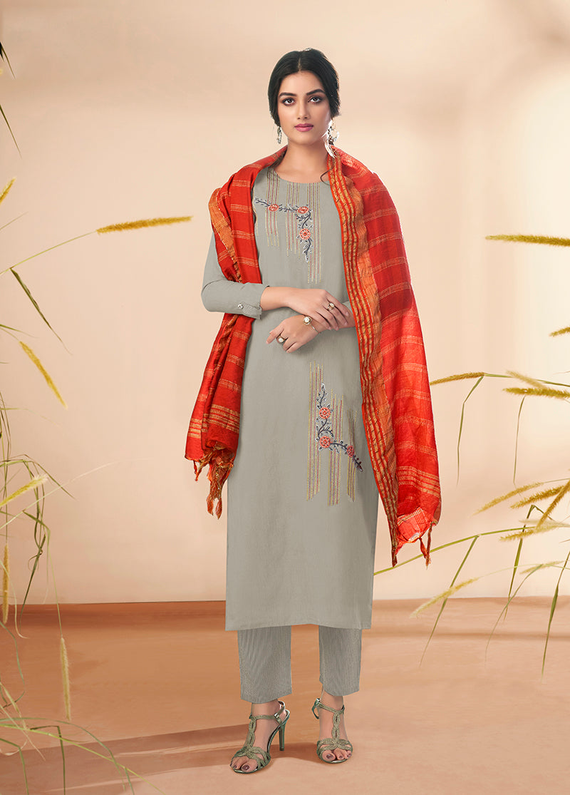 Light Grey Massert Cotton Embroidered Festival Wear Salwar Suit