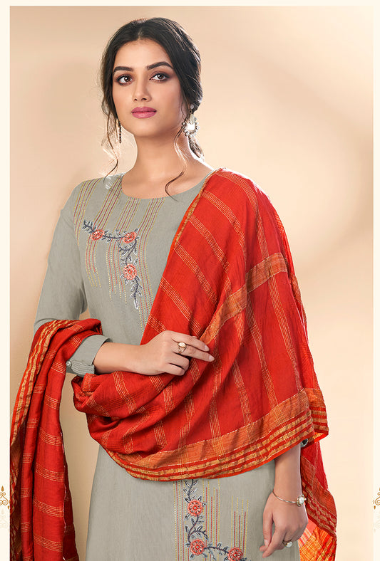 Light Grey Massert Cotton Embroidered Festival Wear Salwar Suit
