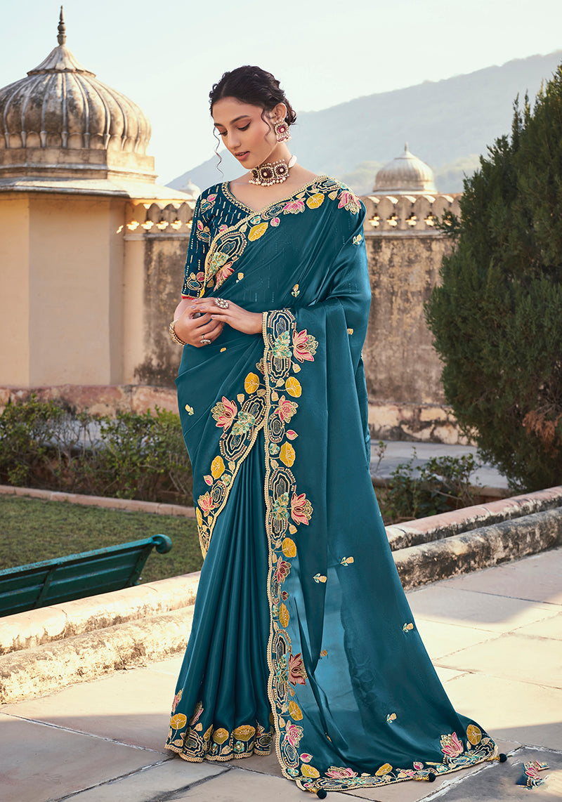 Teal Color Fancy Silk Embroidered Work Trendy Saree