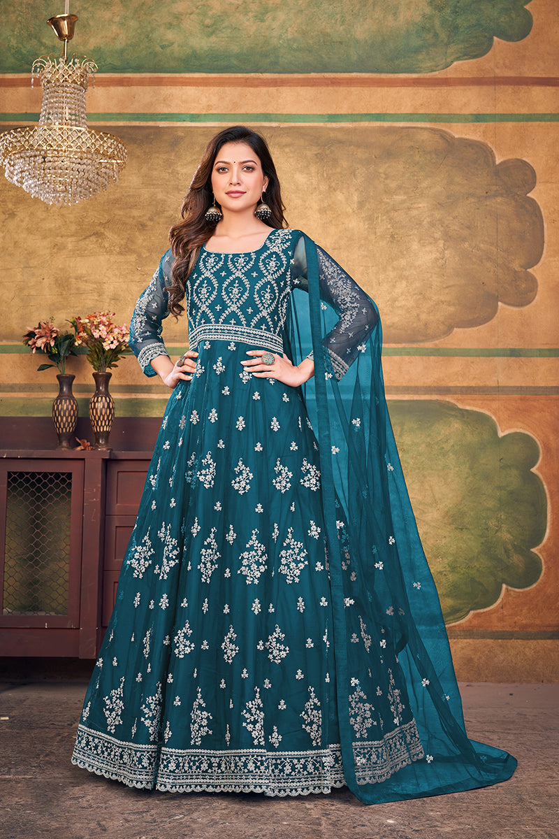 Teal Blue Net Embroidered Designer Anarkali Suit
