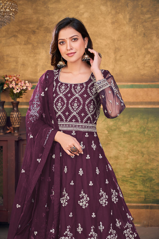 Dark Purple Net Embroidered Designer Anarkali Suit - Monjolika Fashion