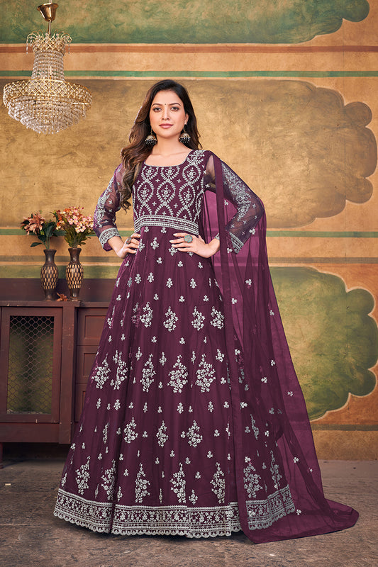 Dark Purple Net Embroidered Designer Anarkali Suit - Monjolika Fashion