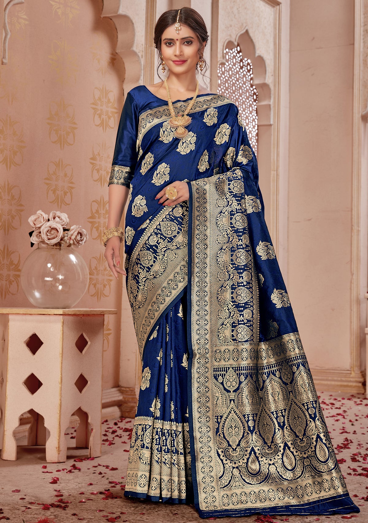 Navy Blue Banarasi Silk Woven Classy Designer Saree