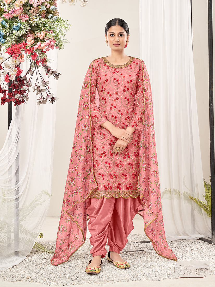 Salmon Net Embroidered Festival Salwar Suit