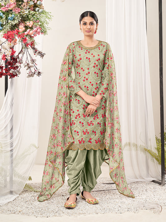 Light Olive Net Embroidered Festival Salwar Suit - Monjolika Fashion