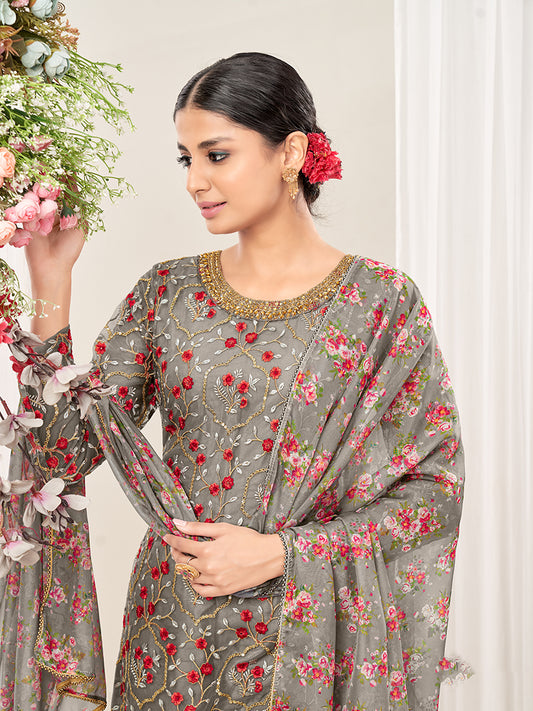 Grey Net Embroidered Festival Salwar Suit - Monjolika Fashion