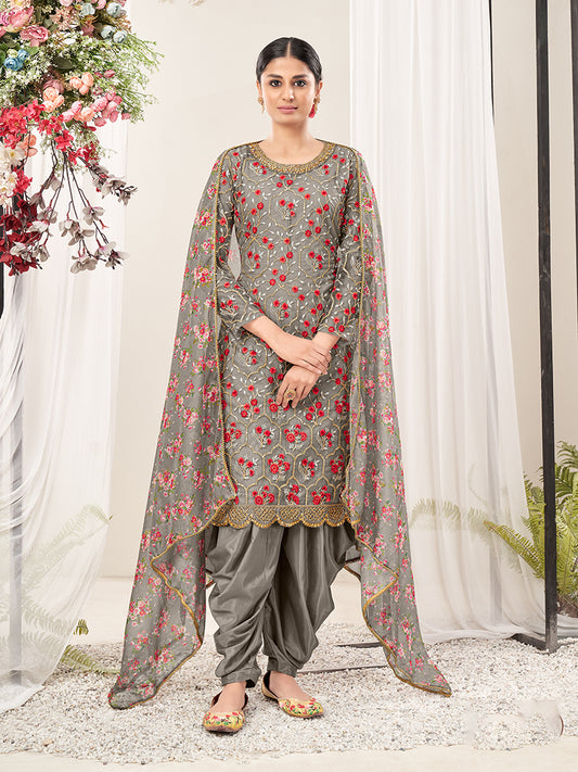Grey Net Embroidered Festival Salwar Suit - Monjolika Fashion