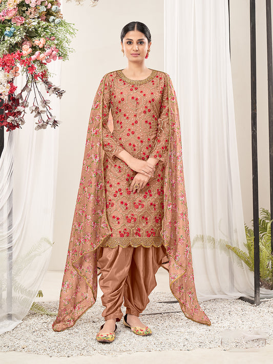 Dark Salmon Net Embroidered Festival Salwar Suit - Monjolika Fashion
