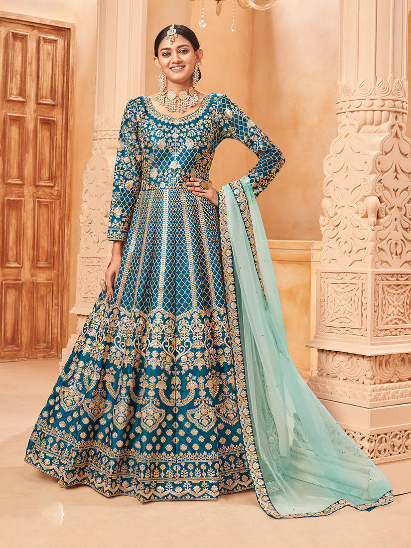 Dark Blue Art silk Embroidered Partywear Anarkali Suit