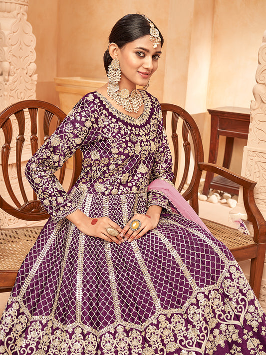Dark Purple Art silk Embroidered  Partywear Anarkali Suit - Monjolika Fashion
