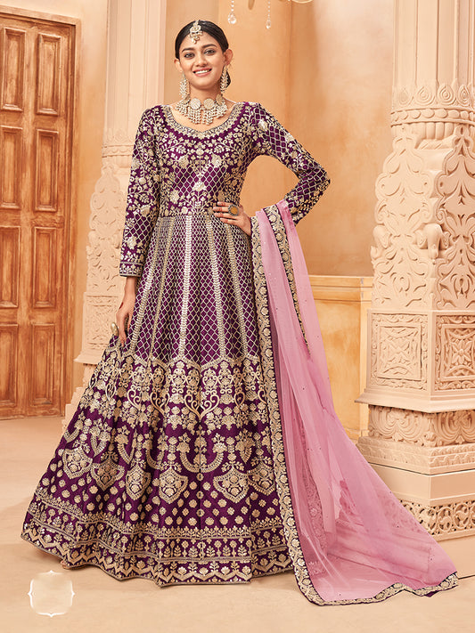 Dark Purple Art silk Embroidered  Partywear Anarkali Suit - Monjolika Fashion
