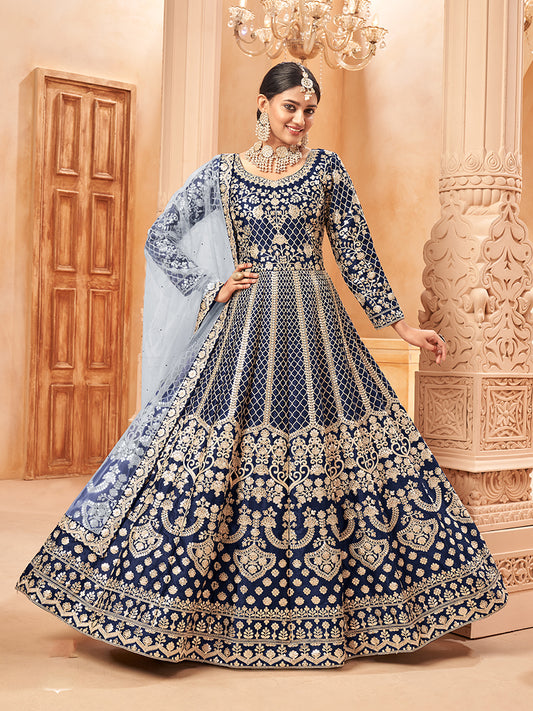Navy Blue Art silk Embroidered Partywear Anarkali Suit - Monjolika Fashion